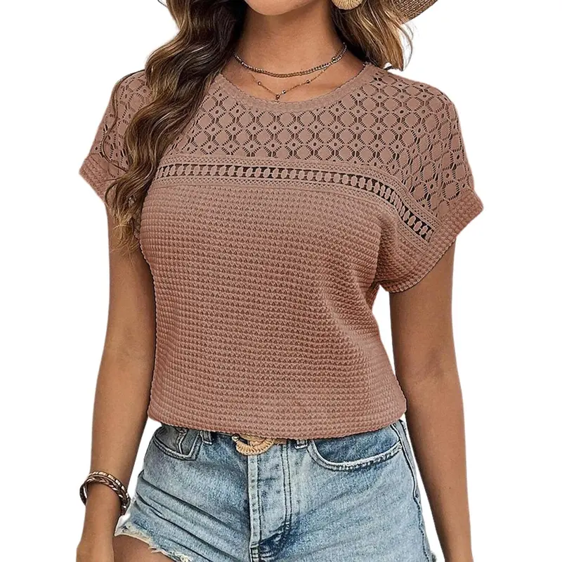 Women's Tops Casual Scoop Neck Short Sleeve Waffle Knit Hollow Out Shirts Loose Tunic Tops Blouses