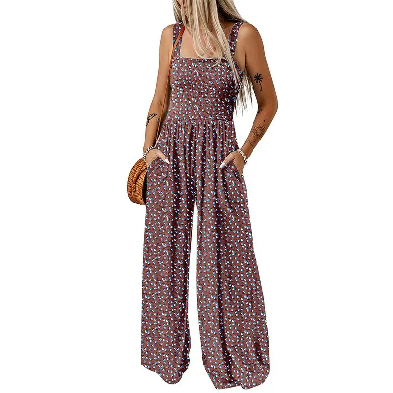 Women's Casual Loose Overalls Jumpsuits One Piece Sleeveless Printed Wide Leg Long Pant Rompers With Pockets Bohemian Womenswear
