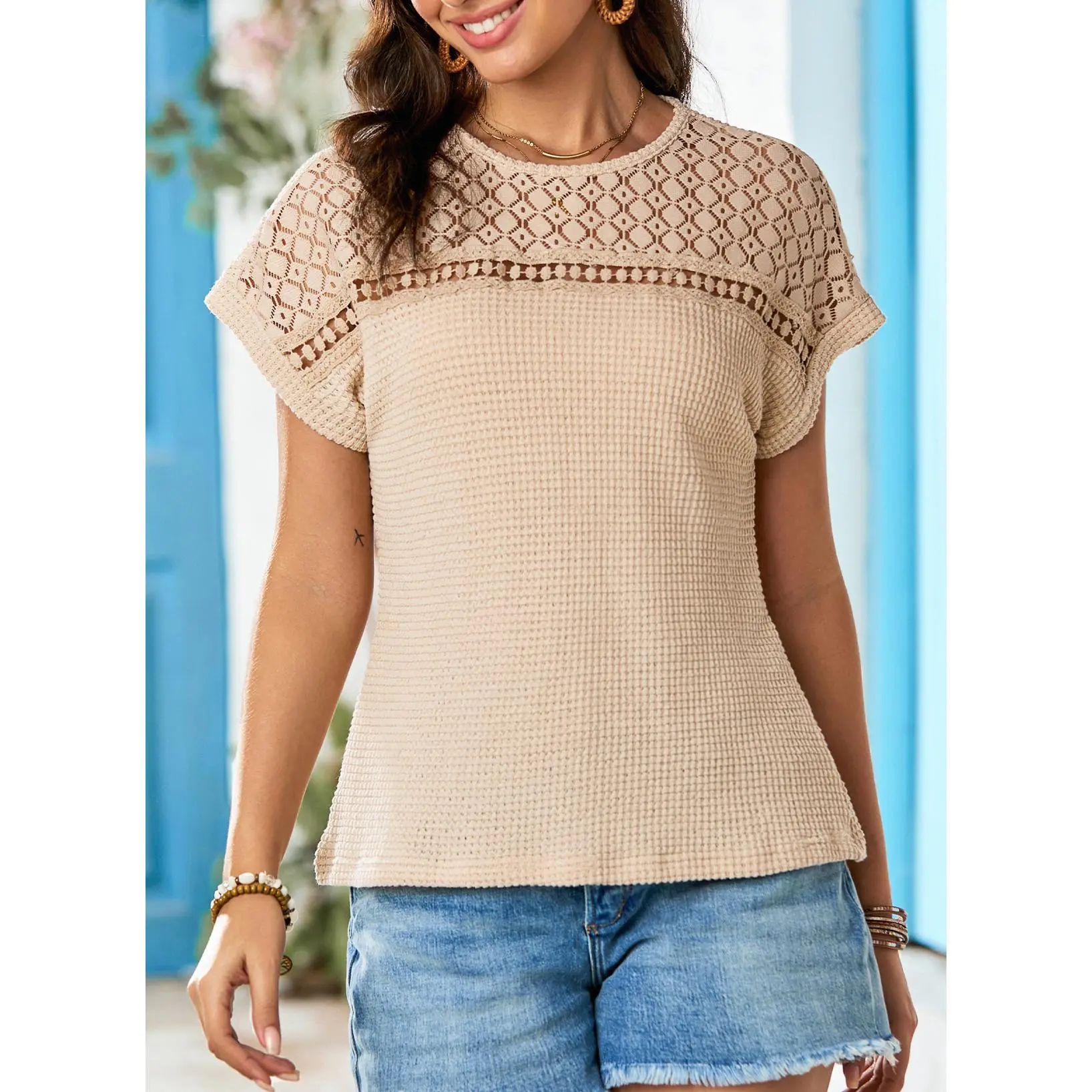 Dokotoo Women's Tops Casual Scoop Neck Short Sleeve Waffle Knit Hollow Out Shirts Loose Tunic Tops Blouses