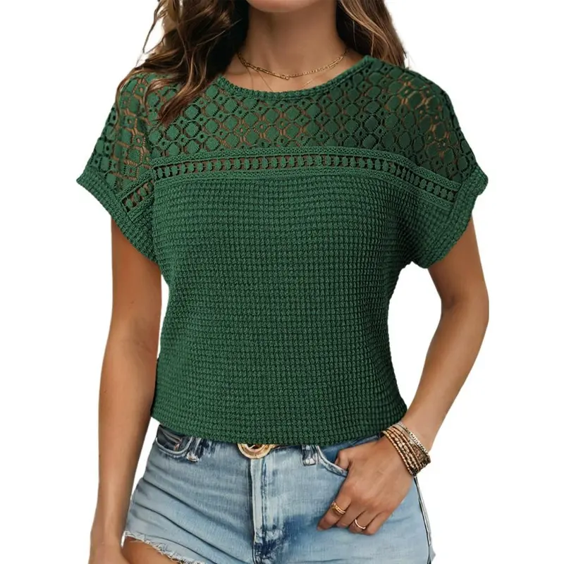 Women's Tops Casual Scoop Neck Short Sleeve Waffle Knit Hollow Out Shirts Loose Tunic Tops Blouses