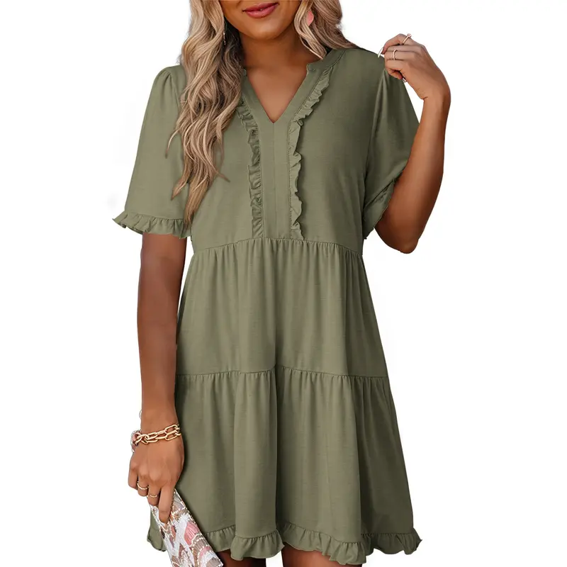 Womens Dresses 2026 Summer Spring V Neck Ruffle Short Sleeve Casual A-Line Flowy Swing Shift Dress Mini Dress