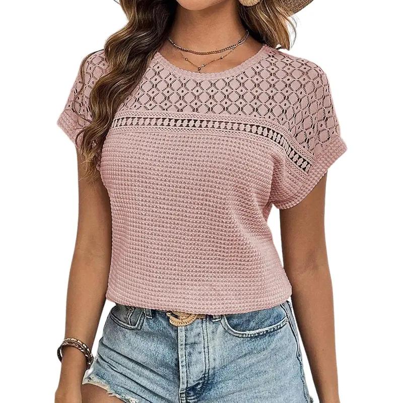 Women's Tops Casual Scoop Neck Short Sleeve Waffle Knit Hollow Out Shirts Loose Tunic Tops Blouses