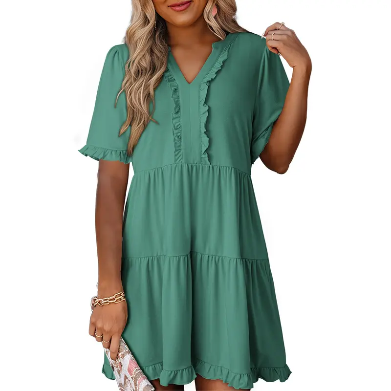 Womens Dresses 2026 Summer Spring V Neck Ruffle Short Sleeve Casual A-Line Flowy Swing Shift Dress Mini Dress