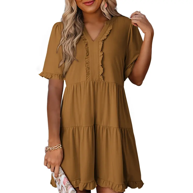 Womens Dresses 2026 Summer Spring V Neck Ruffle Short Sleeve Casual A-Line Flowy Swing Shift Dress Mini Dress