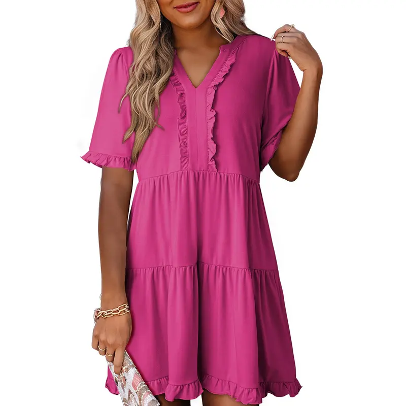 Womens Dresses 2026 Summer Spring V Neck Ruffle Short Sleeve Casual A-Line Flowy Swing Shift Dress Mini Dress