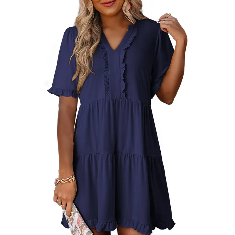 Womens Dresses 2026 Summer Spring V Neck Ruffle Short Sleeve Casual A-Line Flowy Swing Shift Dress Mini Dress