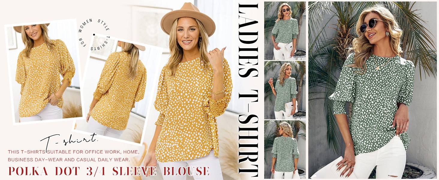 Cicy Bell Women's Polka Dot 3/4 Sleeve Blouse Tops Ladies Casual Office Work Crew Neck T-Shirt Spring Soft Crewneck