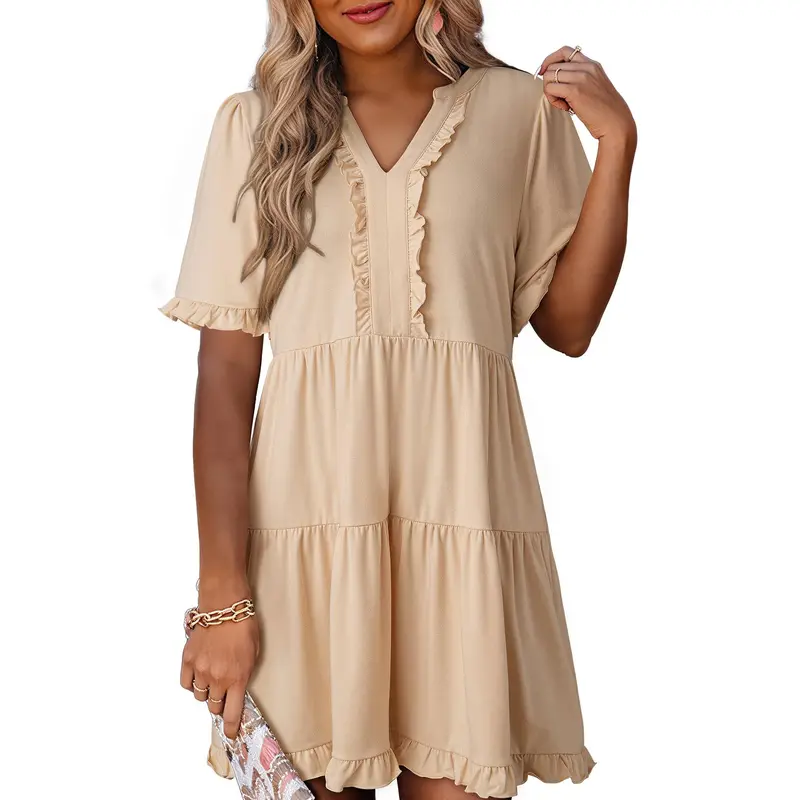 Womens Dresses 2026 Summer Spring V Neck Ruffle Short Sleeve Casual A-Line Flowy Swing Shift Dress Mini Dress