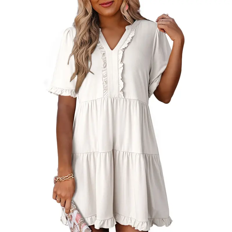 Womens Dresses 2026 Summer Spring V Neck Ruffle Short Sleeve Casual A-Line Flowy Swing Shift Dress Mini Dress