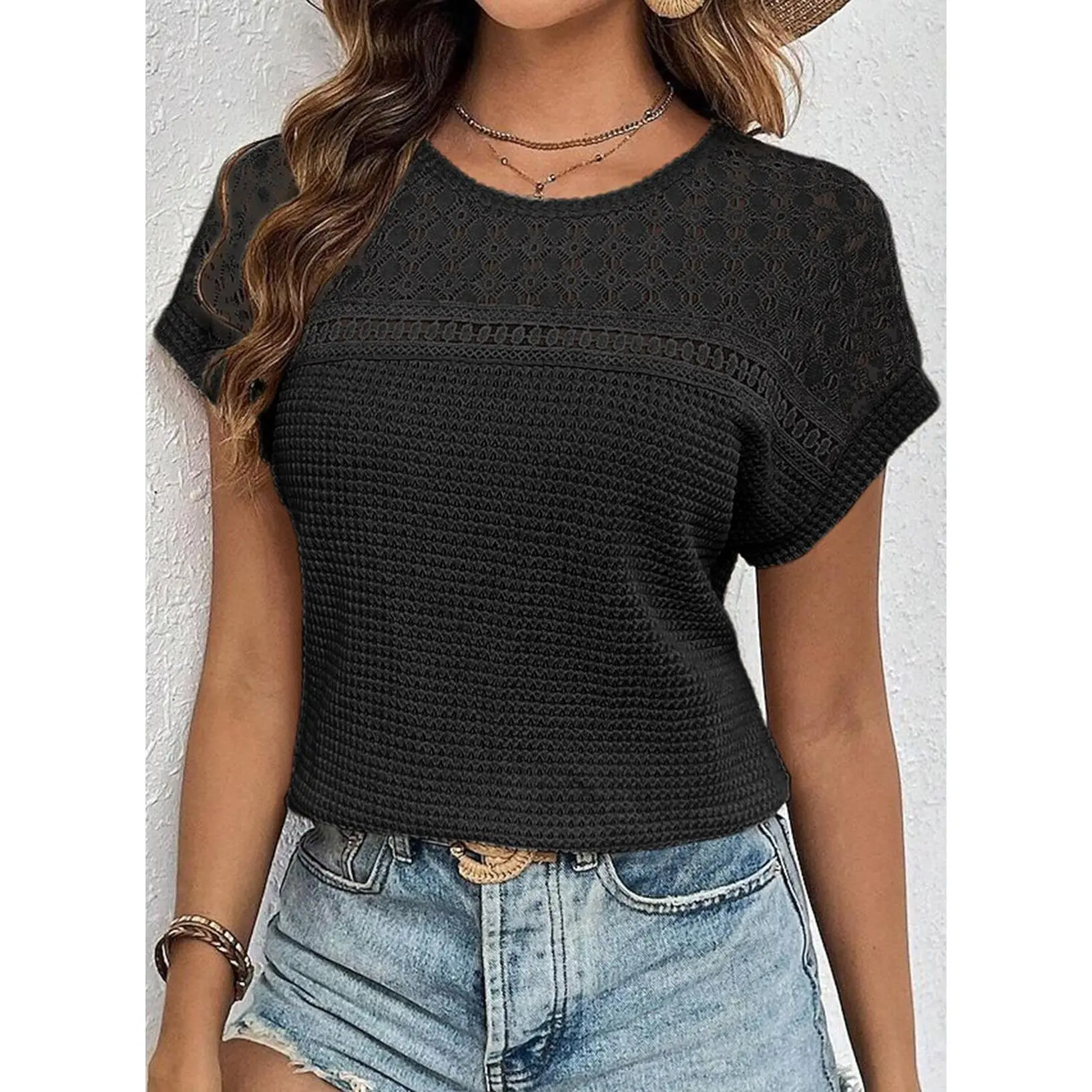 Dokotoo Women's Tops Casual Scoop Neck Short Sleeve Waffle Knit Hollow Out Shirts Loose Tunic Tops Blouses