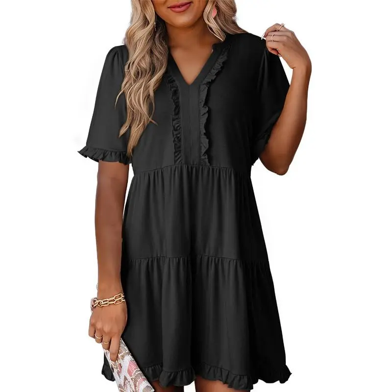 Womens Dresses 2026 Summer Spring V Neck Ruffle Short Sleeve Casual A-Line Flowy Swing Shift Dress Mini Dress