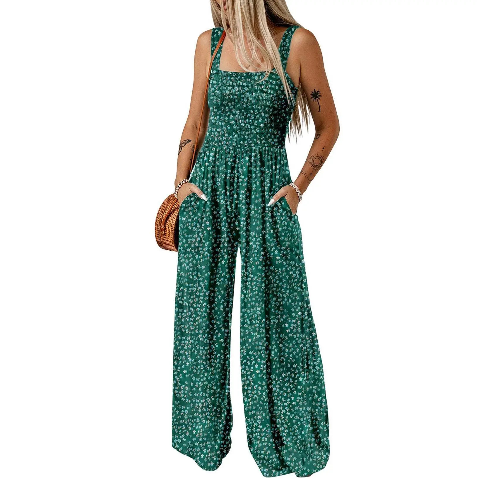Women's Casual Loose Overalls Jumpsuits One Piece Sleeveless Printed Wide Leg Long Pant Rompers With Pockets Bohemian Womenswear
