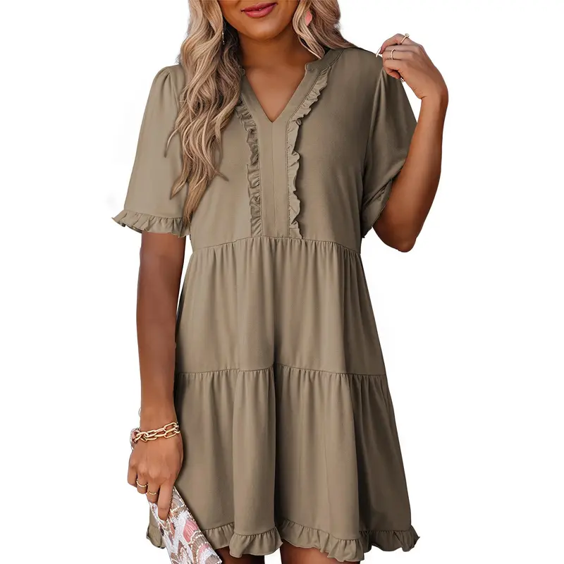 Womens Dresses 2026 Summer Spring V Neck Ruffle Short Sleeve Casual A-Line Flowy Swing Shift Dress Mini Dress