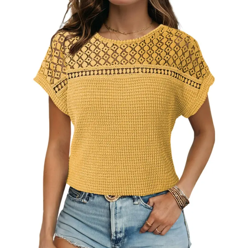 Women's Tops Casual Scoop Neck Short Sleeve Waffle Knit Hollow Out Shirts Loose Tunic Tops Blouses