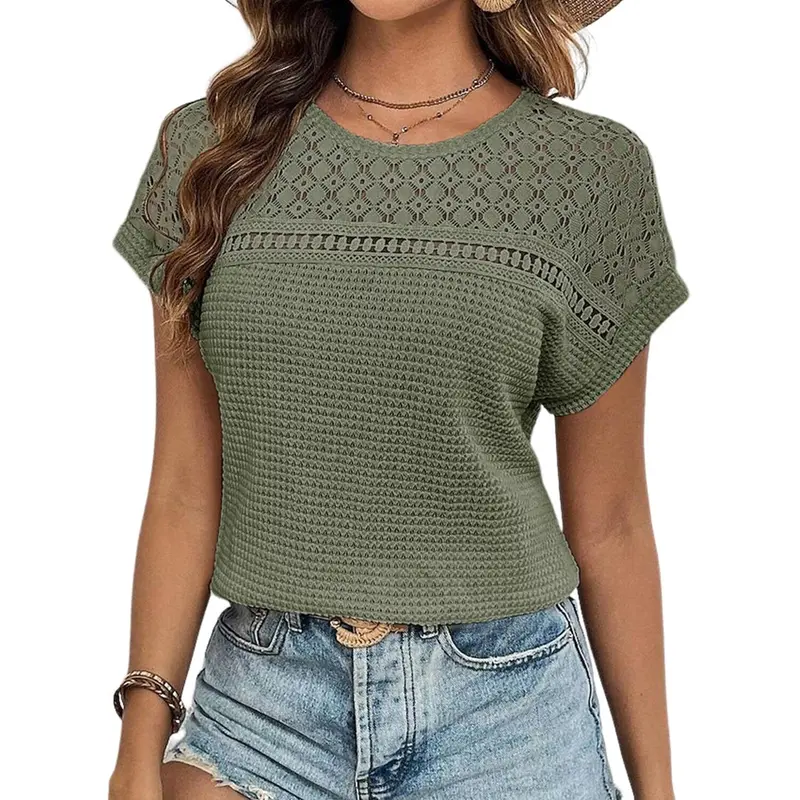 Women's Tops Casual Scoop Neck Short Sleeve Waffle Knit Hollow Out Shirts Loose Tunic Tops Blouses