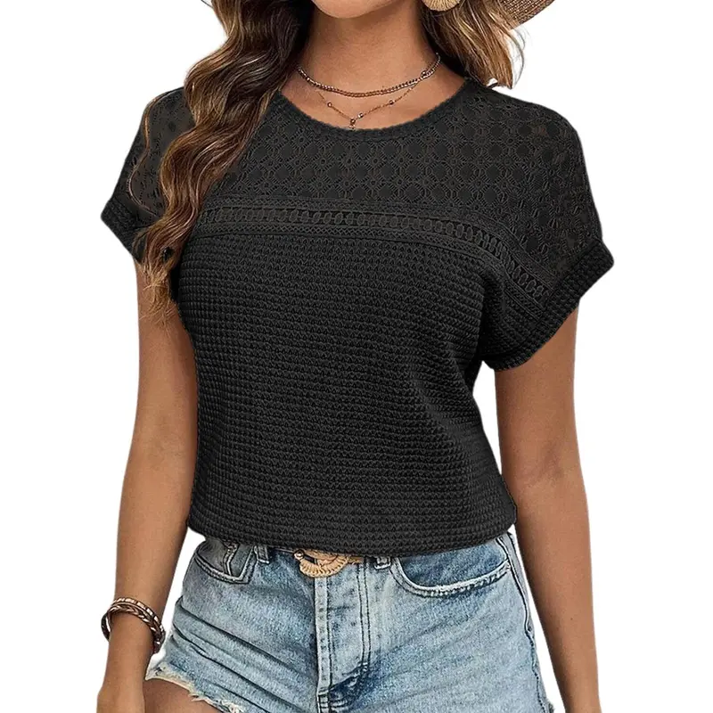 Women's Tops Casual Scoop Neck Short Sleeve Waffle Knit Hollow Out Shirts Loose Tunic Tops Blouses