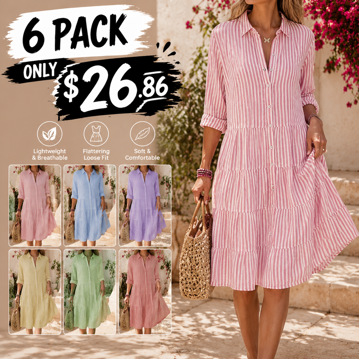 Long Sleeve Lapel Stripe Layered Panel Hem Shirt Dress