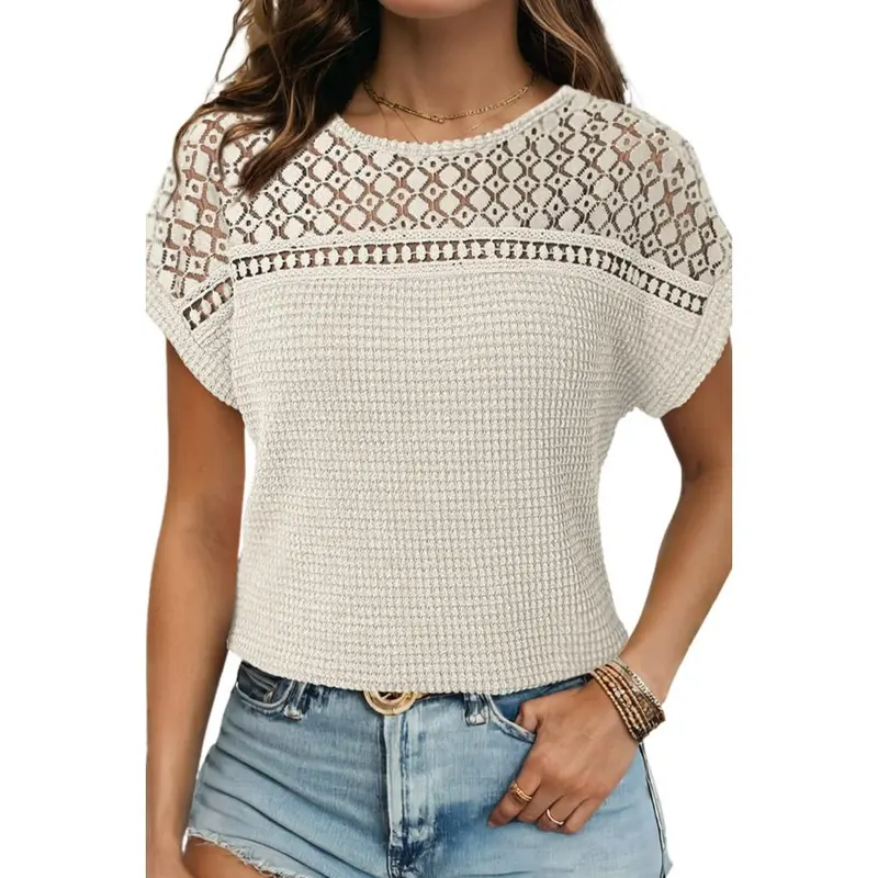 Women's Tops Casual Scoop Neck Short Sleeve Waffle Knit Hollow Out Shirts Loose Tunic Tops Blouses