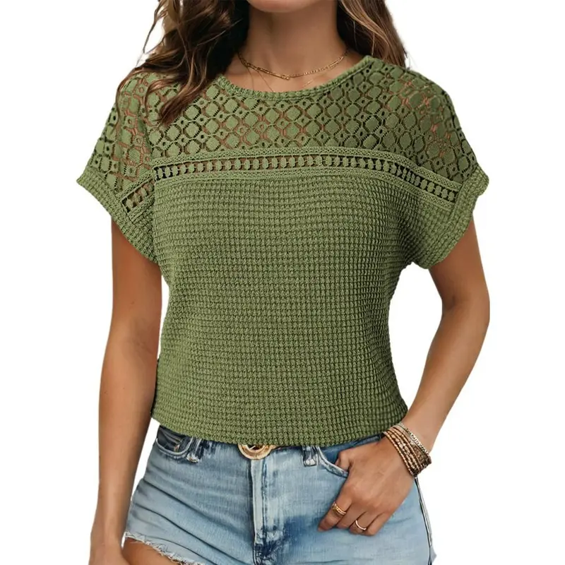 Women's Tops Casual Scoop Neck Short Sleeve Waffle Knit Hollow Out Shirts Loose Tunic Tops Blouses