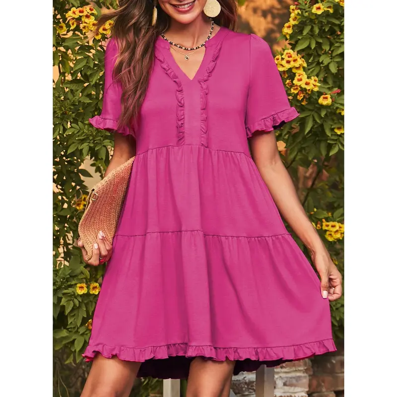 Womens Dresses 2026 Summer Spring V Neck Ruffle Short Sleeve Casual A-Line Flowy Swing Shift Dress Mini Dress