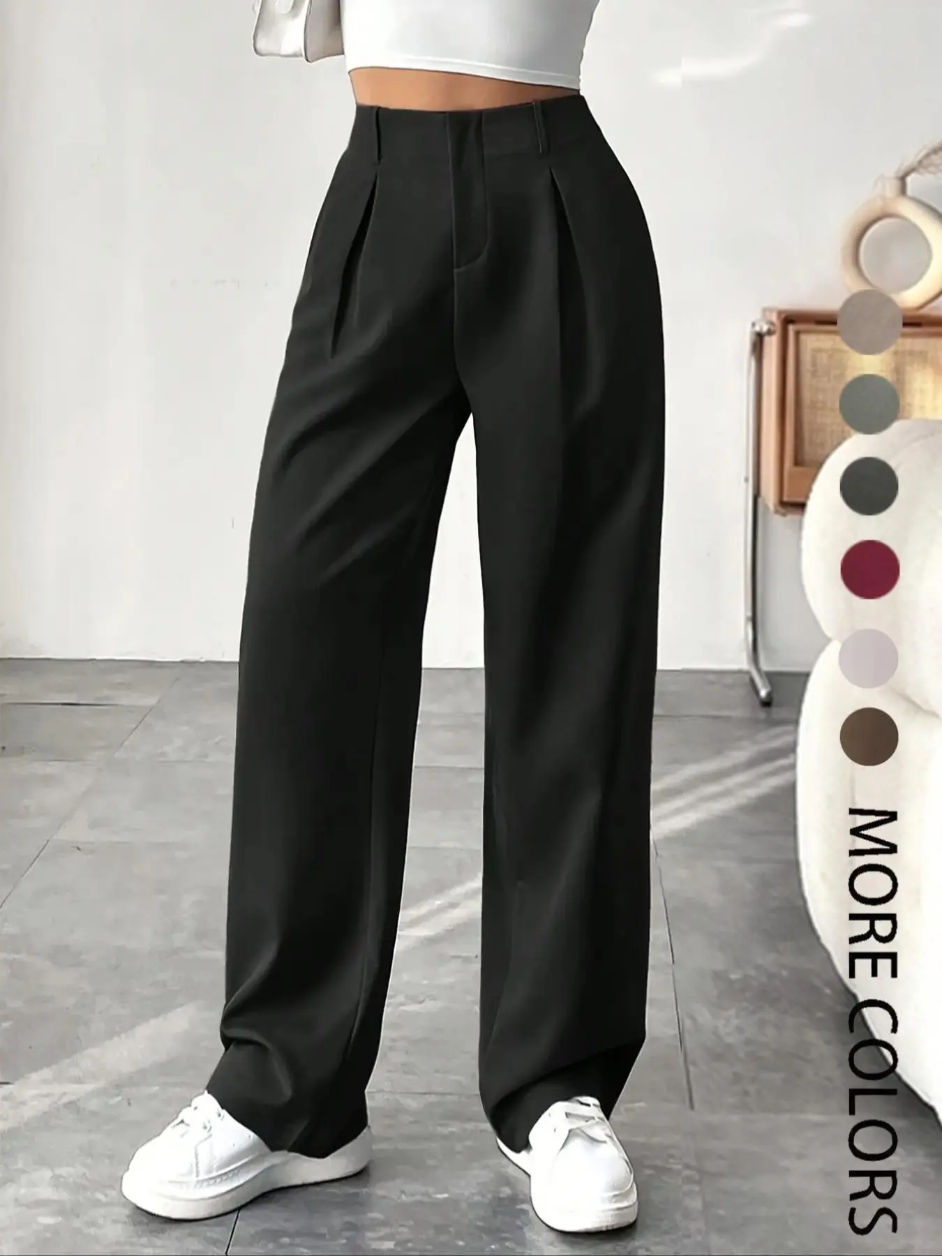 Women’s Pleated Wide Leg Pants with Pockets – Elegant High Waist Office Trousers