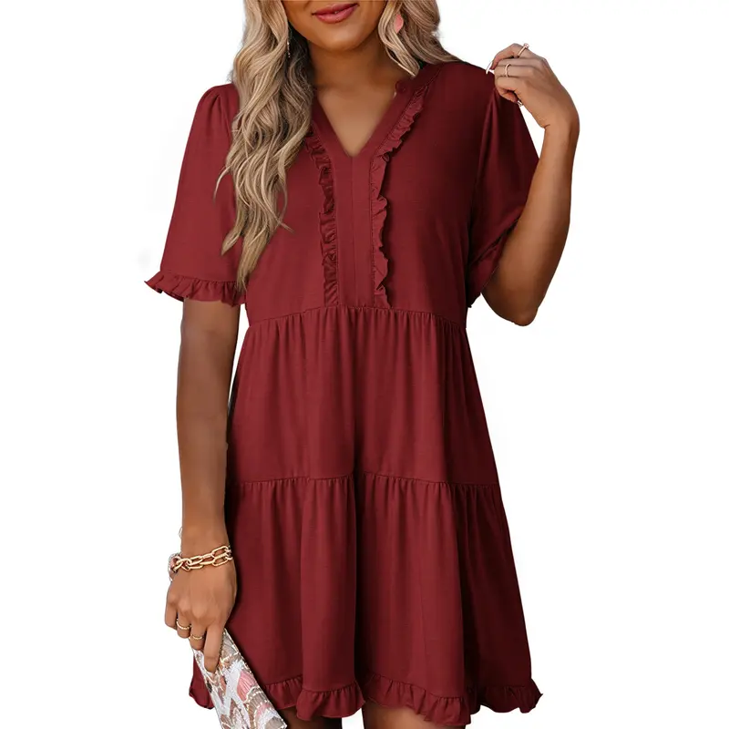 Womens Dresses 2026 Summer Spring V Neck Ruffle Short Sleeve Casual A-Line Flowy Swing Shift Dress Mini Dress