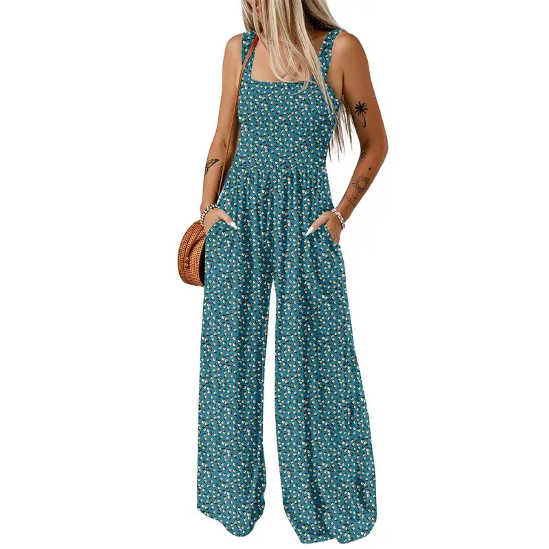 Women's Casual Loose Overalls Jumpsuits One Piece Sleeveless Printed Wide Leg Long Pant Rompers With Pockets Bohemian Womenswear