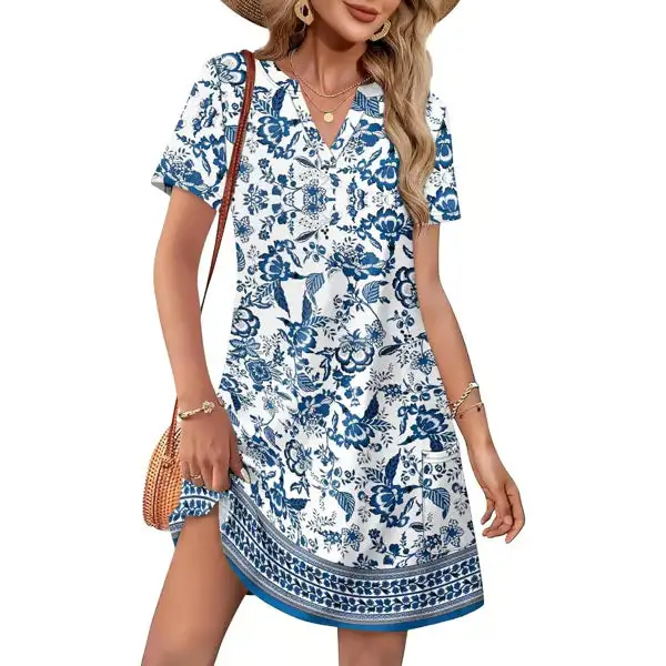 🔥 Women 2026 Casual Summer V Neck Dress Short Sleeve Fashion Beach Vacation Clothes