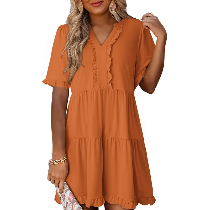 Womens Dresses 2026 Summer Spring V Neck Ruffle Short Sleeve Casual A-Line Flowy Swing Shift Dress Mini Dress
