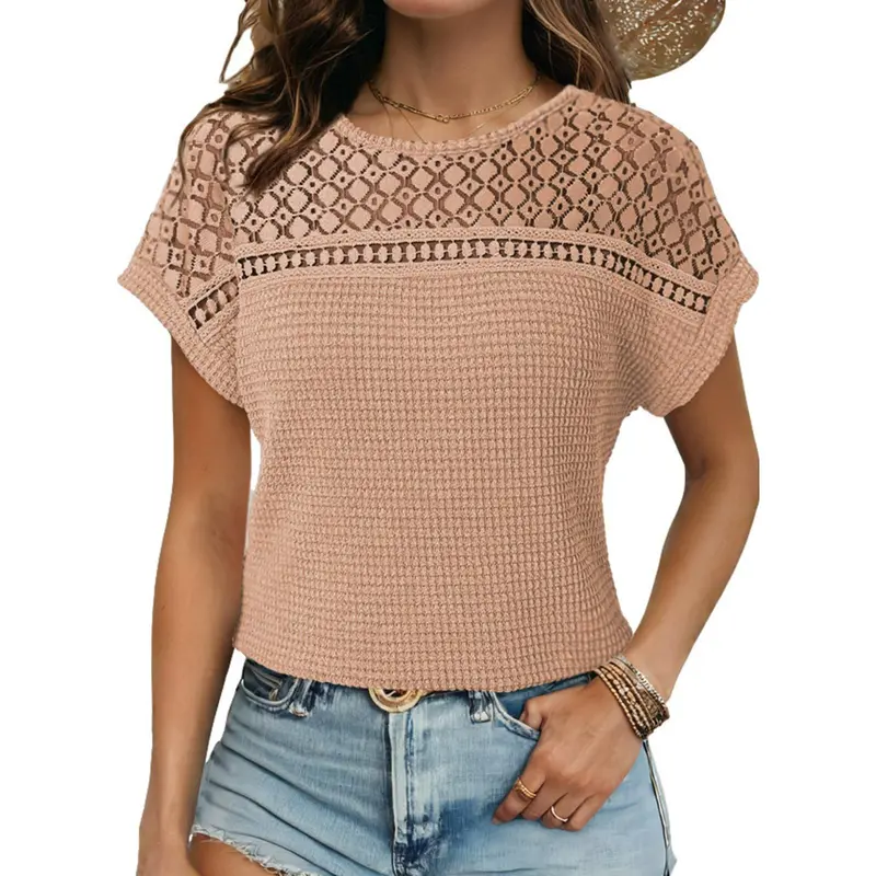 Women's Tops Casual Scoop Neck Short Sleeve Waffle Knit Hollow Out Shirts Loose Tunic Tops Blouses