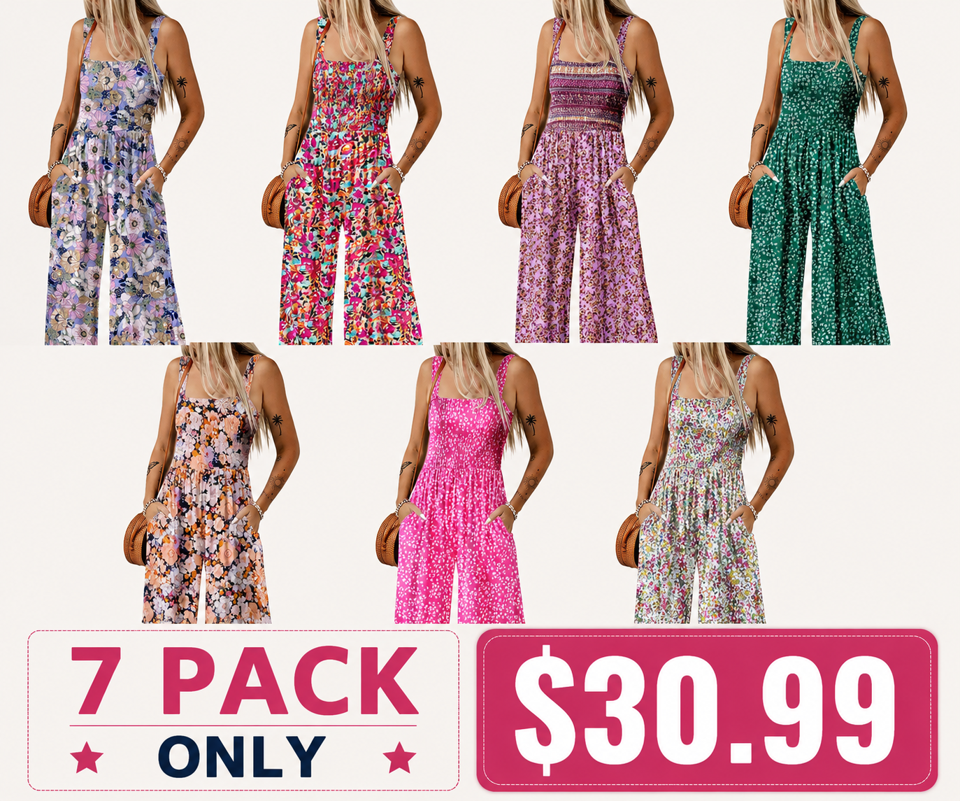 Women's Casual Loose Overalls Jumpsuits One Piece Sleeveless Printed Wide Leg Long Pant Rompers With Pockets Bohemian Womenswear