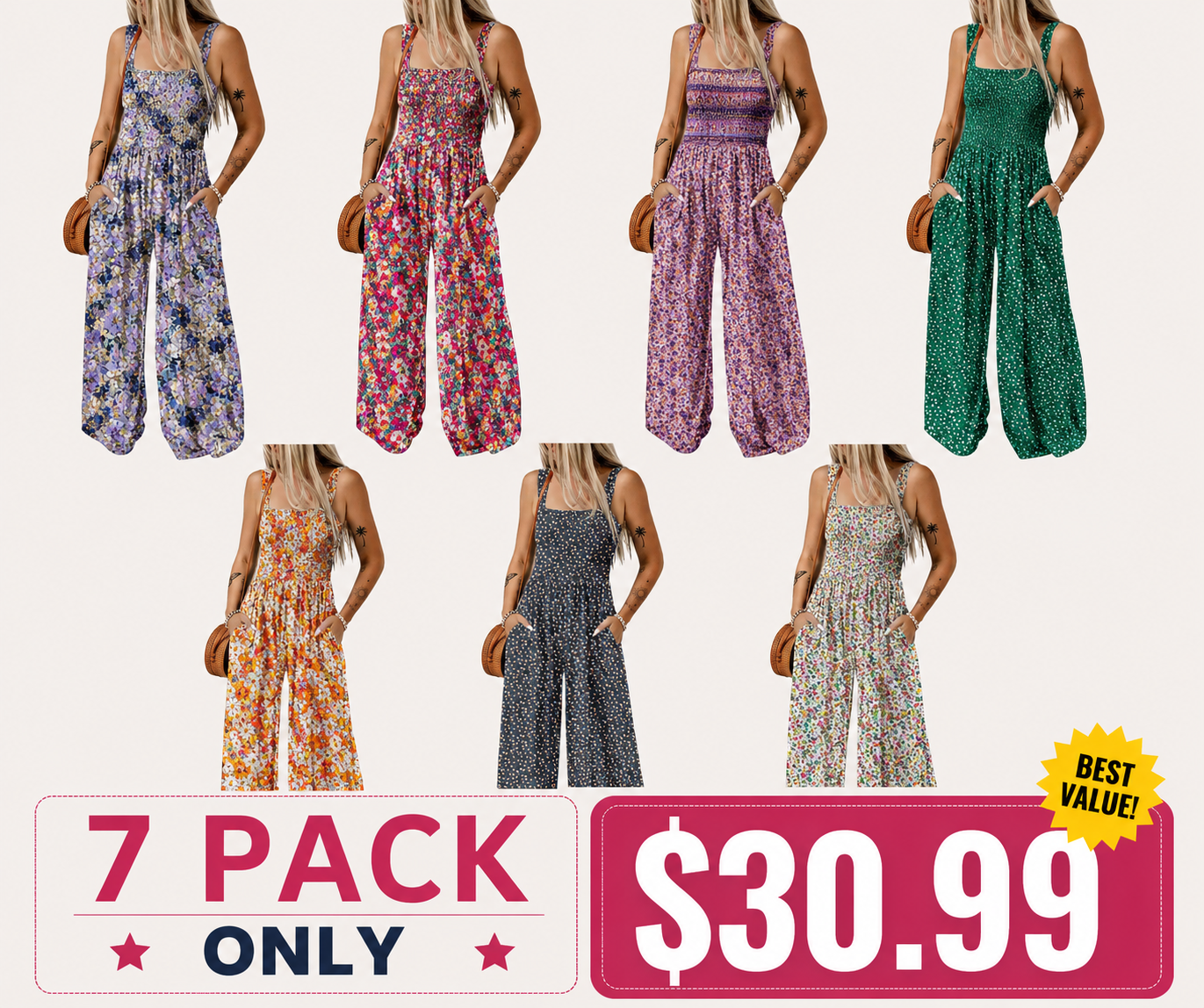 Women's Casual Loose Overalls Jumpsuits One Piece Sleeveless Printed Wide Leg Long Pant Rompers With Pockets Bohemian Womenswear