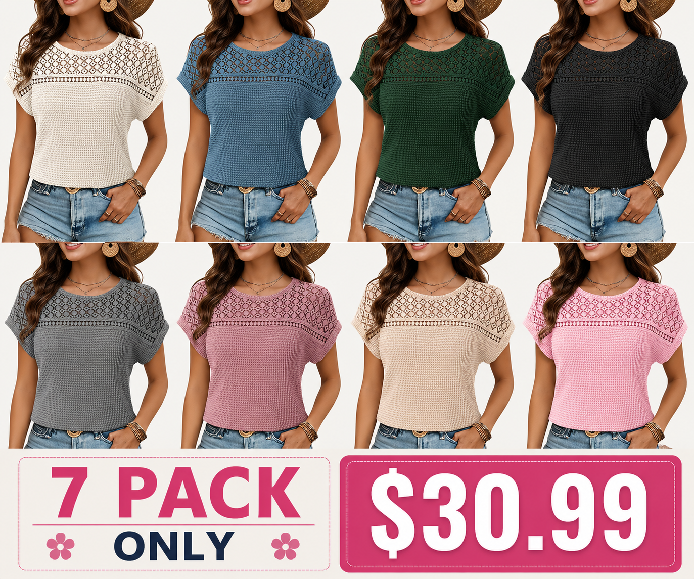 Women's Tops Casual Scoop Neck Short Sleeve Waffle Knit Hollow Out Shirts Loose Tunic Tops Blouses