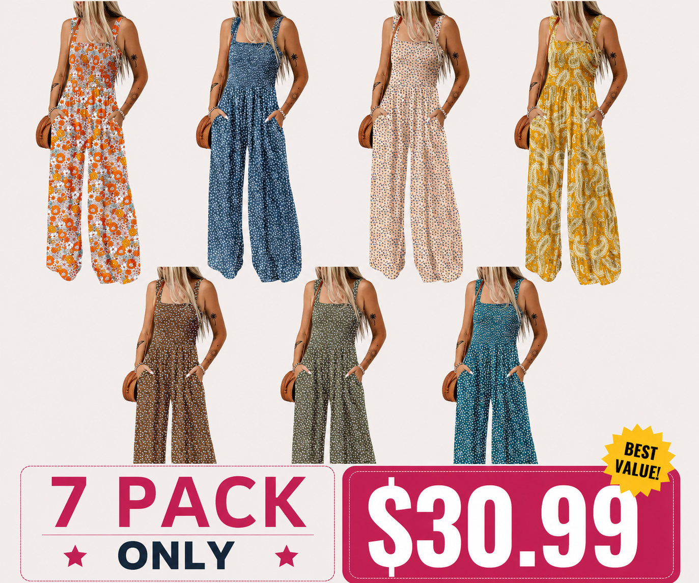 Women's Casual Loose Overalls Jumpsuits One Piece Sleeveless Printed Wide Leg Long Pant Rompers With Pockets Bohemian Womenswear