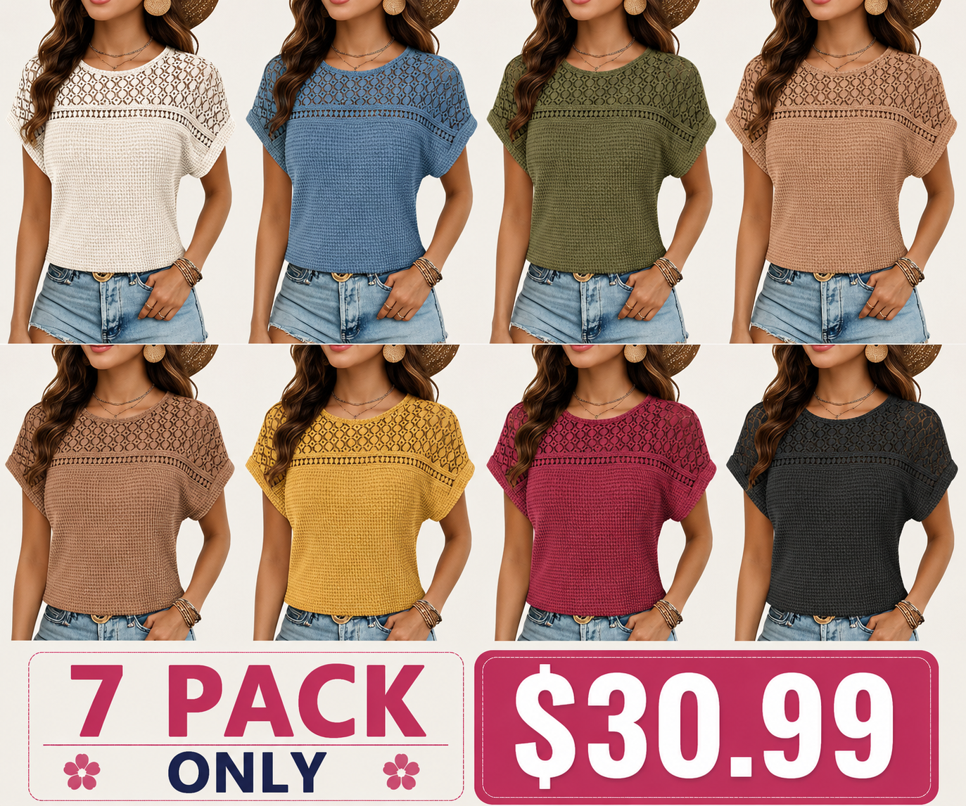 Women's Tops Casual Scoop Neck Short Sleeve Waffle Knit Hollow Out Shirts Loose Tunic Tops Blouses