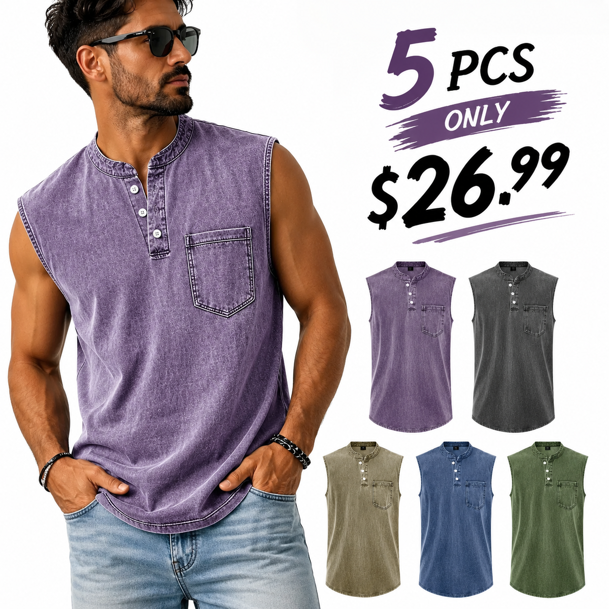 Men's Vintage Stand Collar Casual Pocket Solid Color Sleeveless Henley Vest