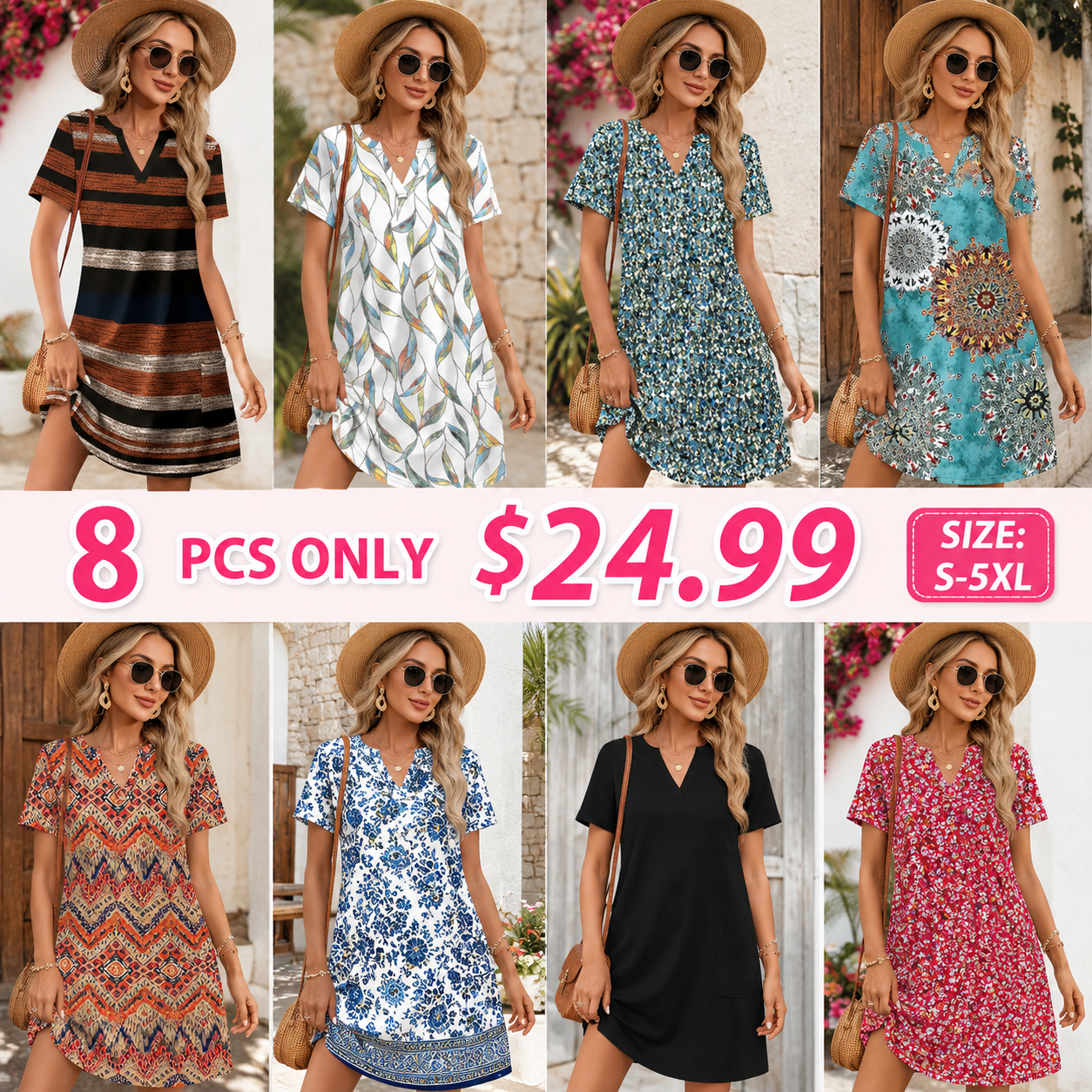 Vimodu🔥 Women 2026 Casual Summer V Neck Dress Short Sleeve Fashion Beach Vacation Clothes