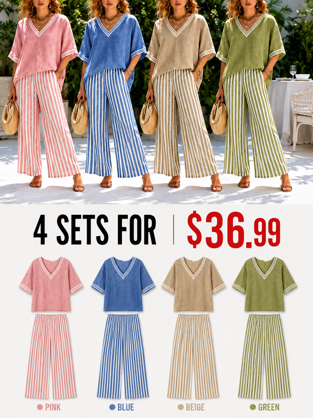 New Arrivals🔥 Cozy Loose-fit V Neck Striped Cotton Linen Two-piece Set