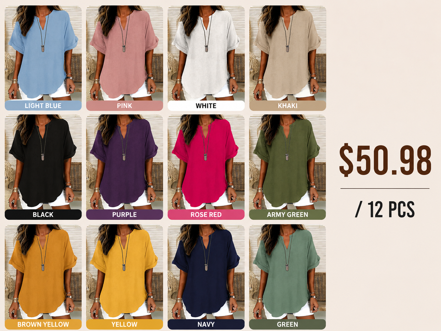 🔥Women's Plain Short Sleeve Blouse, Casual Solid Color Top for Daily Wear, Ladies Clothes for All Seasons