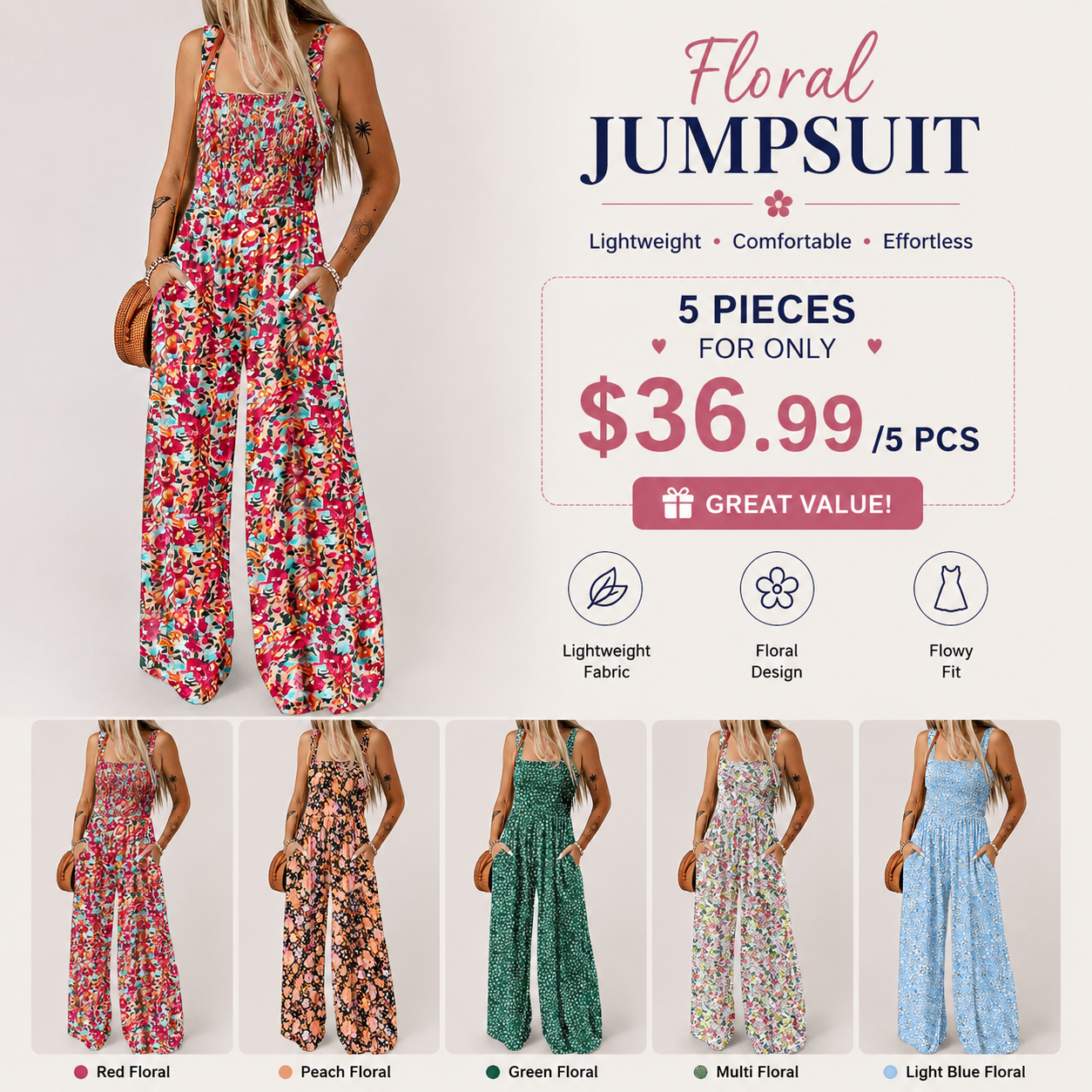 💖LAST DAY SALE 50% OFF💖Women’s Casual Print Sleeveless Overalls Jumpsuits