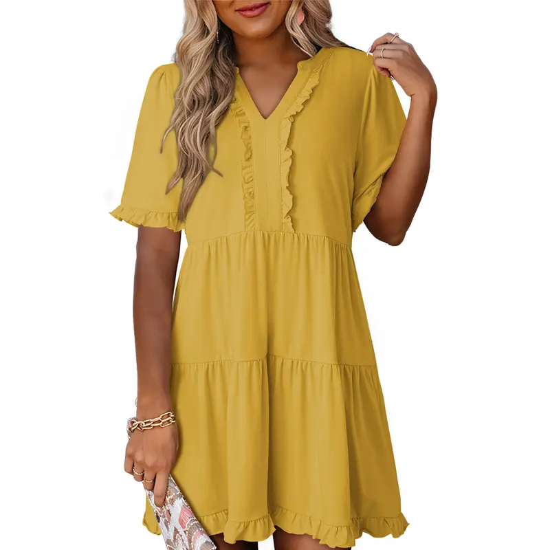 Womens Dresses 2026 Summer Spring V Neck Ruffle Short Sleeve Casual A-Line Flowy Swing Shift Dress Mini Dress