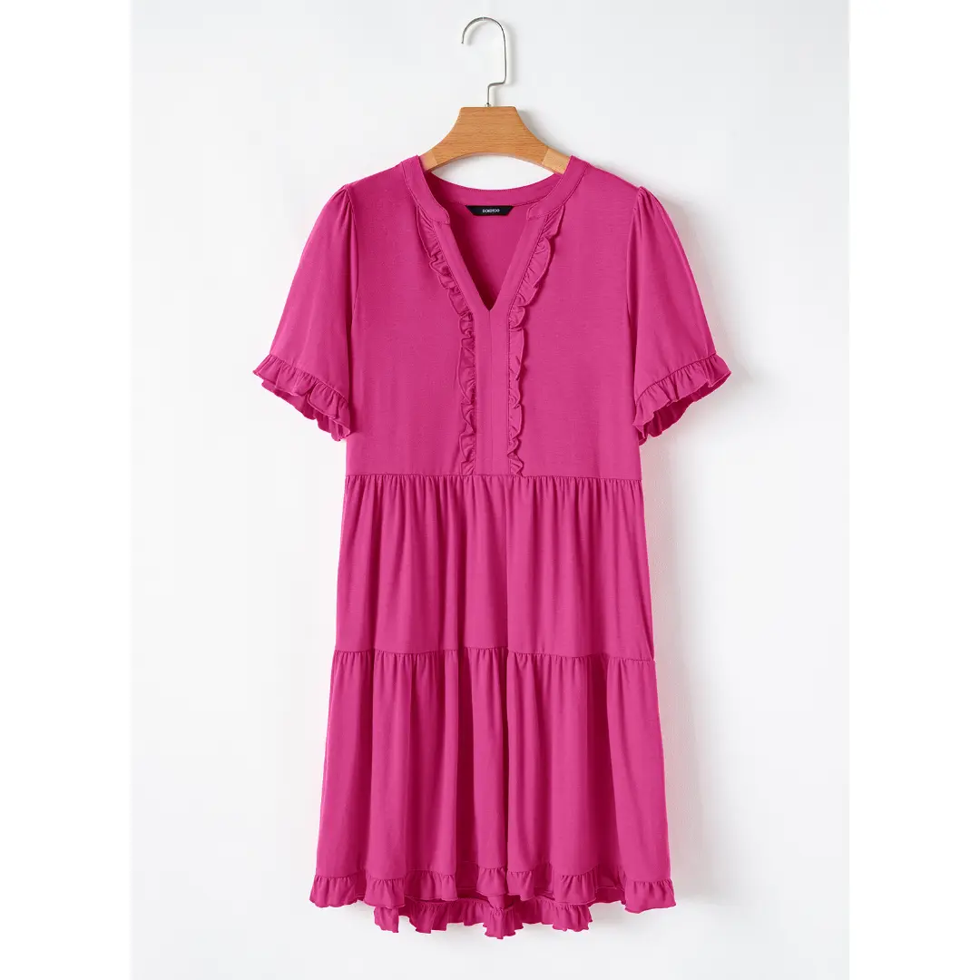 Womens Dresses 2026 Summer Spring V Neck Ruffle Short Sleeve Casual A-Line Flowy Swing Shift Dress Mini Dress