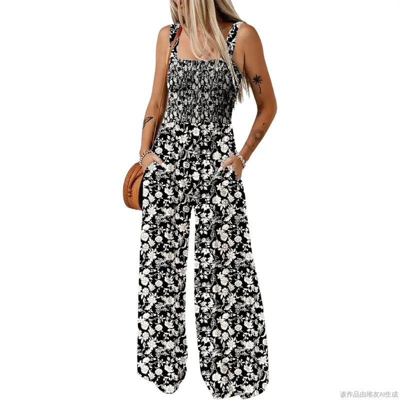 Women's Casual Loose Overalls Jumpsuits One Piece Sleeveless Printed Wide Leg Long Pant Rompers With Pockets Bohemian Womenswear