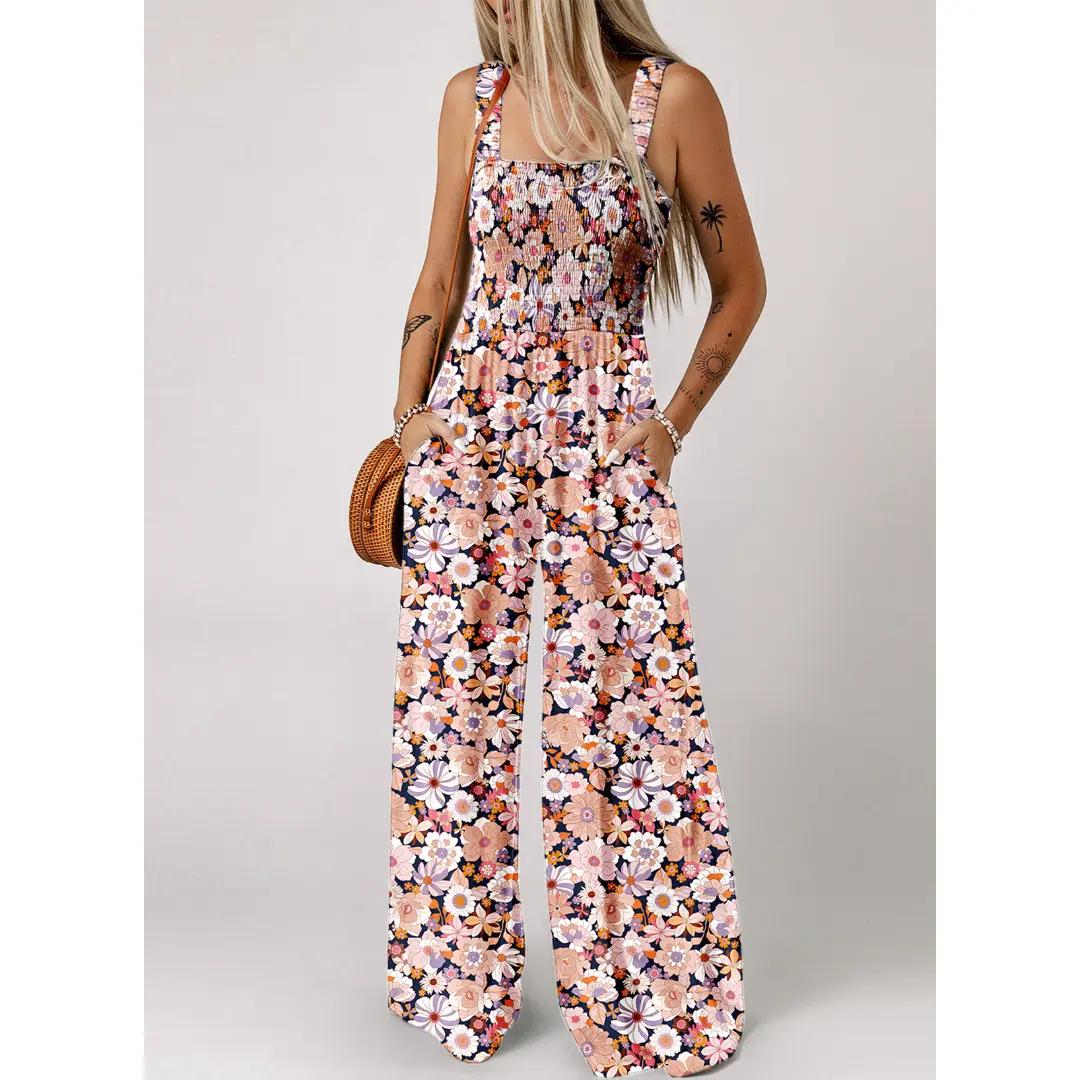Women's Casual Loose Overalls Jumpsuits One Piece Sleeveless Printed Wide Leg Long Pant Rompers With Pockets Bohemian Womenswear