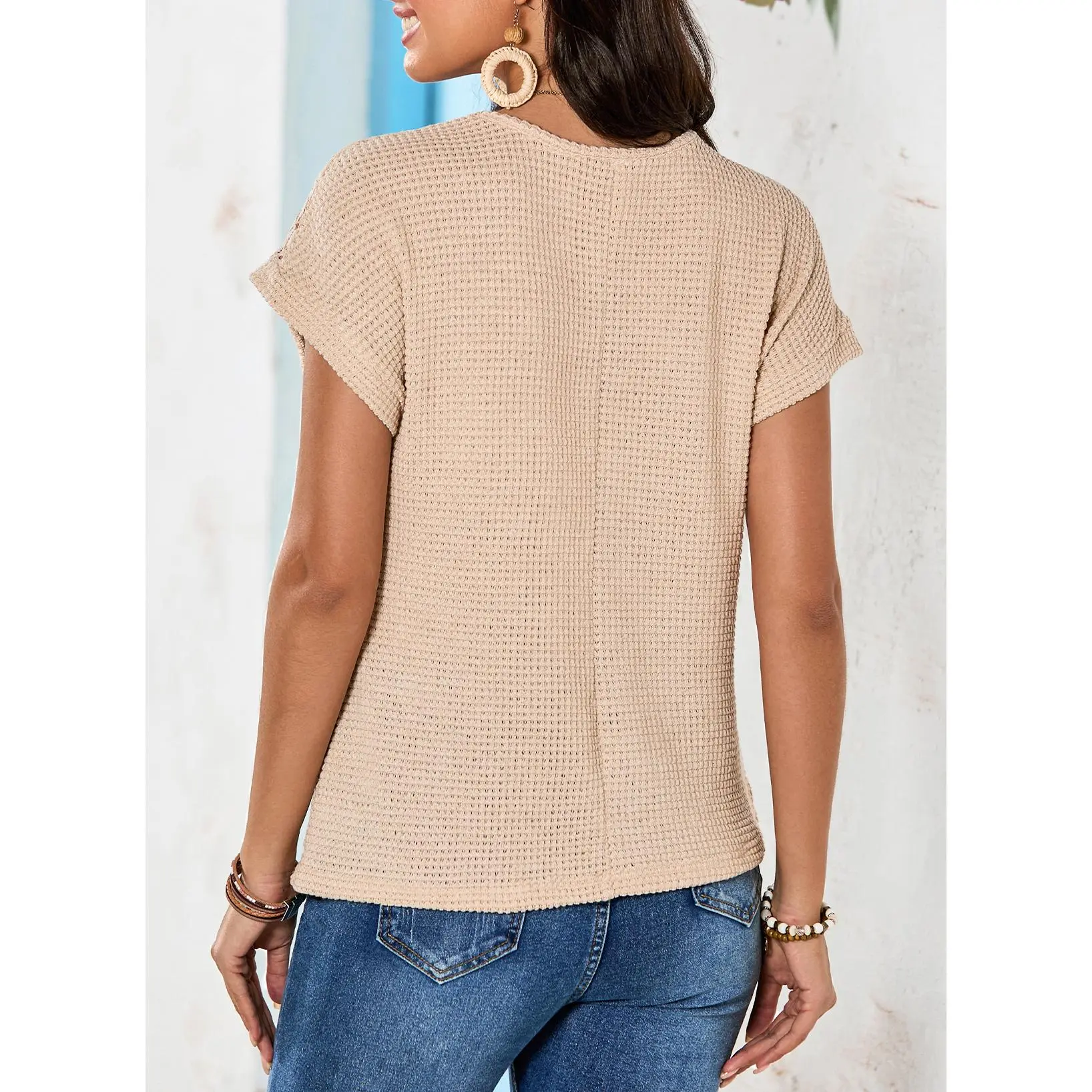 Dokotoo Women's Tops Casual Scoop Neck Short Sleeve Waffle Knit Hollow Out Shirts Loose Tunic Tops Blouses