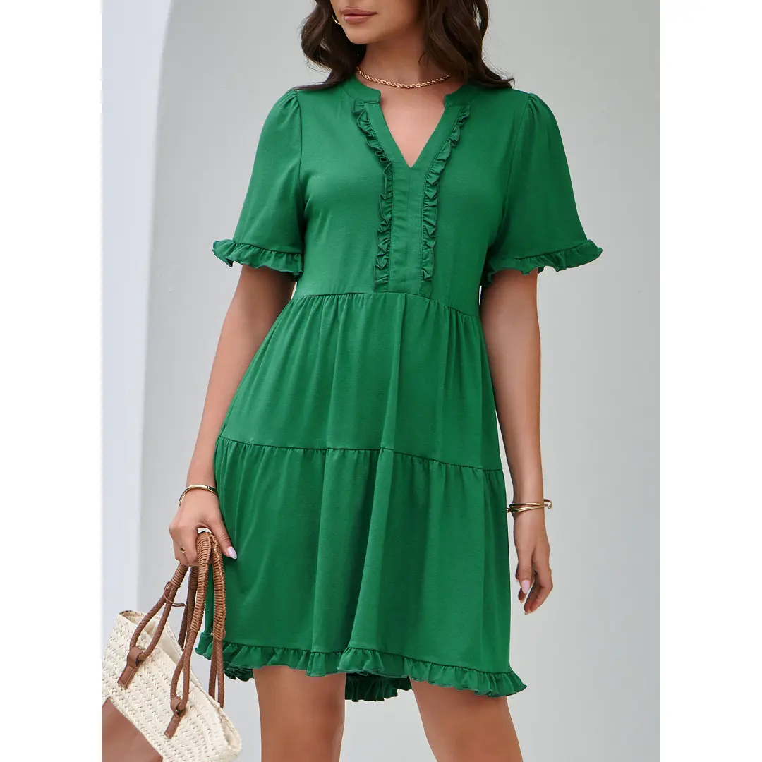Womens Dresses 2026 Summer Spring V Neck Ruffle Short Sleeve Casual A-Line Flowy Swing Shift Dress Mini Dress