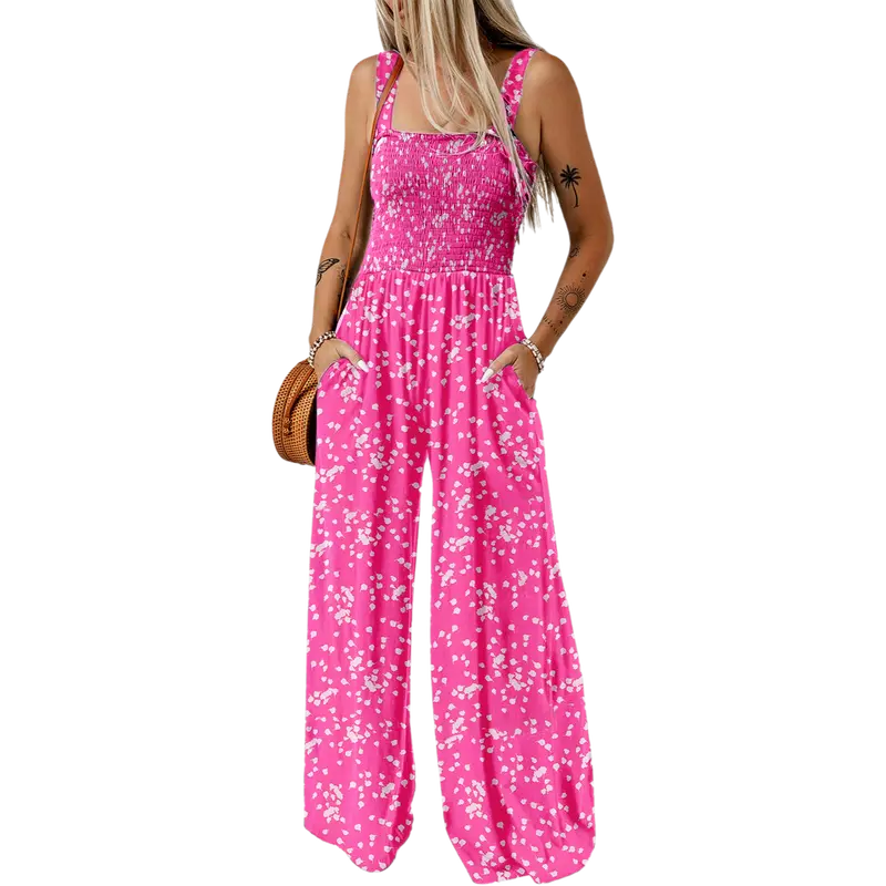 Women's Casual Loose Overalls Jumpsuits One Piece Sleeveless Printed Wide Leg Long Pant Rompers With Pockets Bohemian Womenswear