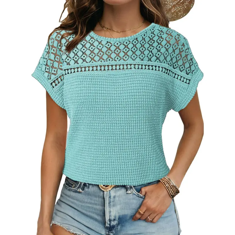 Women's Tops Casual Scoop Neck Short Sleeve Waffle Knit Hollow Out Shirts Loose Tunic Tops Blouses