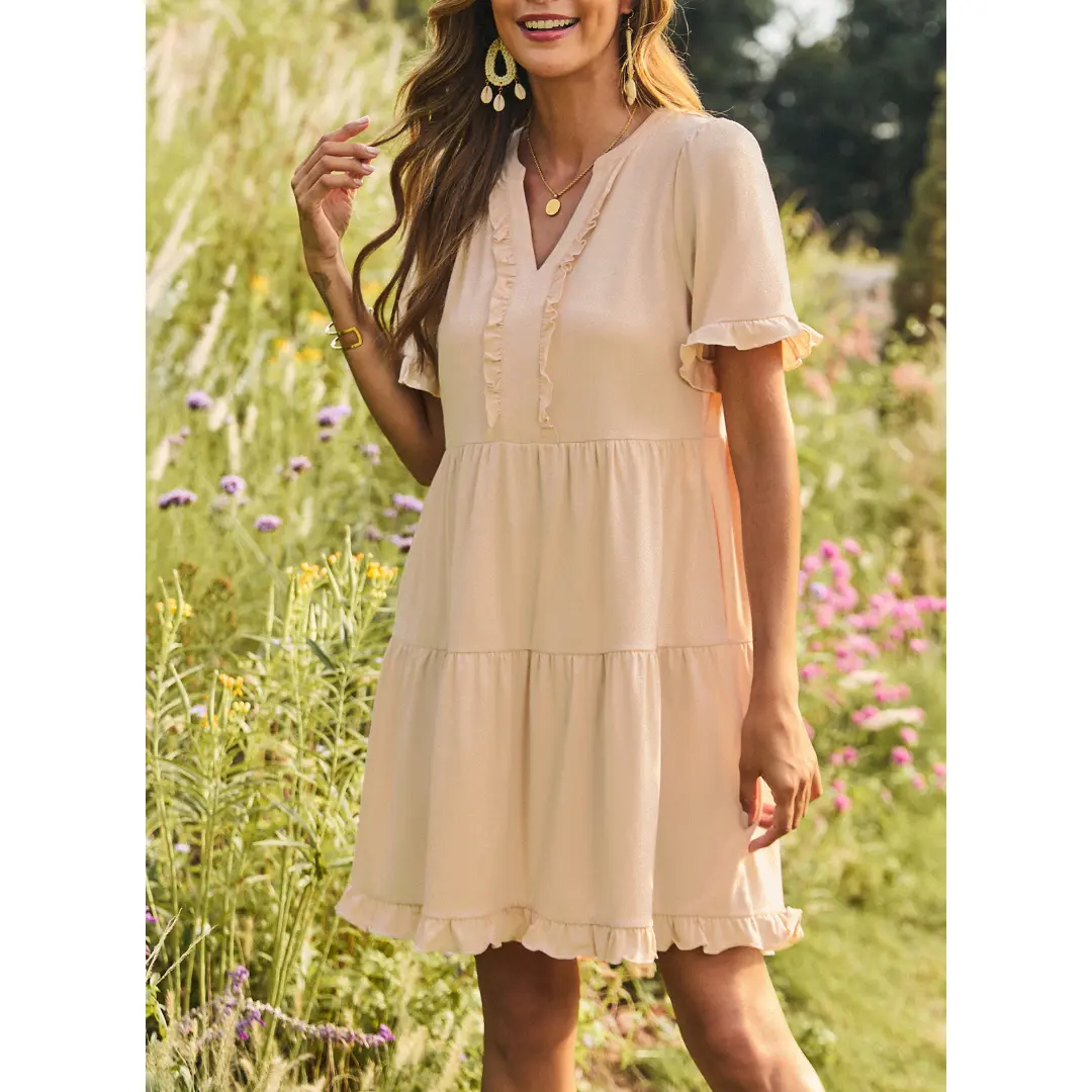Womens Dresses 2026 Summer Spring V Neck Ruffle Short Sleeve Casual A-Line Flowy Swing Shift Dress Mini Dress