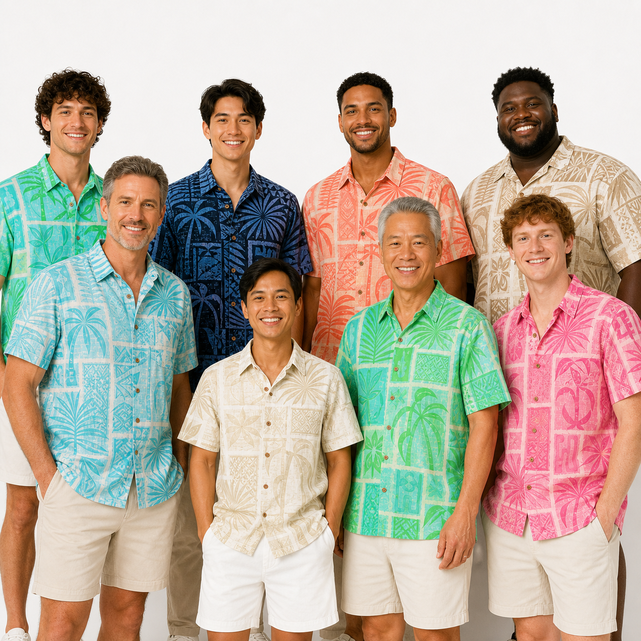 8 men wearing the same tropical resort shirt in different colors